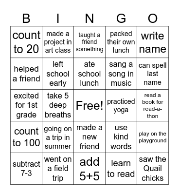 Kindergarten BINGO Card