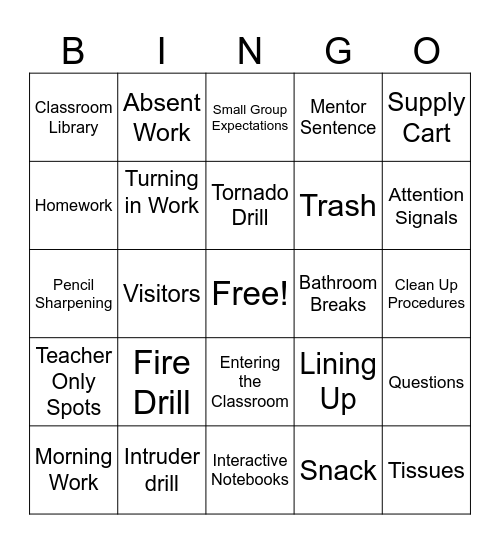 Block Classroom Expectations Bingo Card