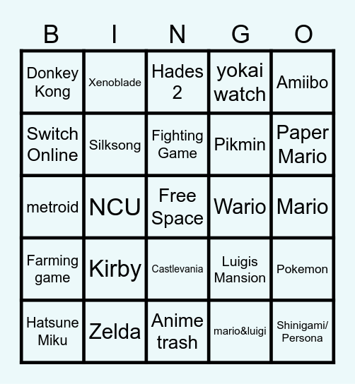 Nintendo Direct Bingo Card