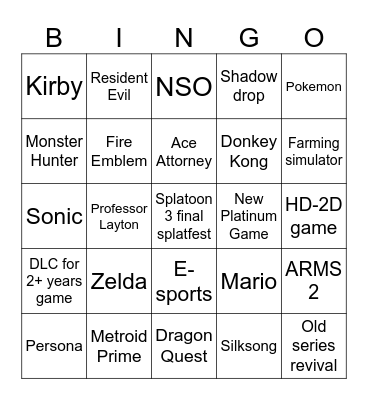 Nitendo Direct June 2024 Bingo Card