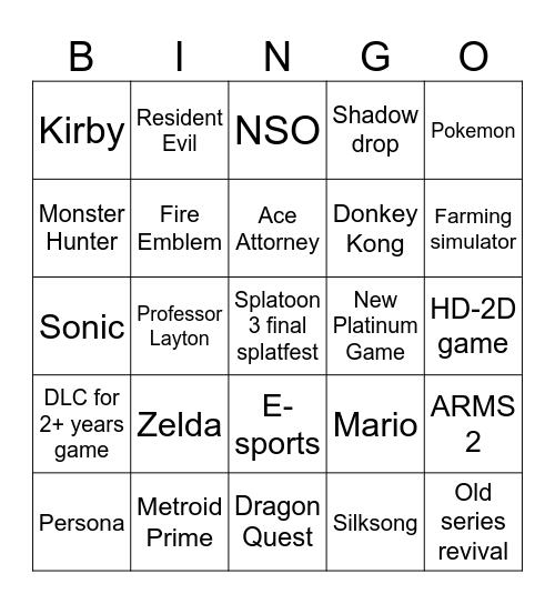 Nitendo Direct June 2024 Bingo Card