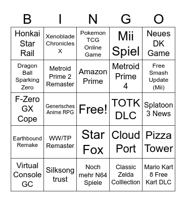 Nintendo Direct Bingo Card