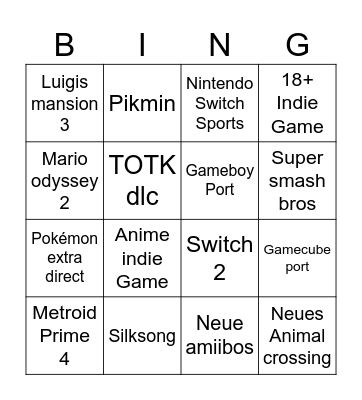 Nintendo Direct Bingo Card