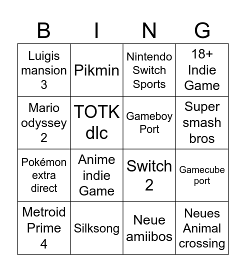 Nintendo Direct Bingo Card