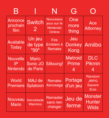 NINTENDO DIRECT Bingo Card