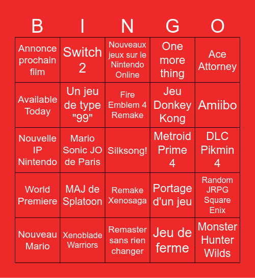 NINTENDO DIRECT Bingo Card
