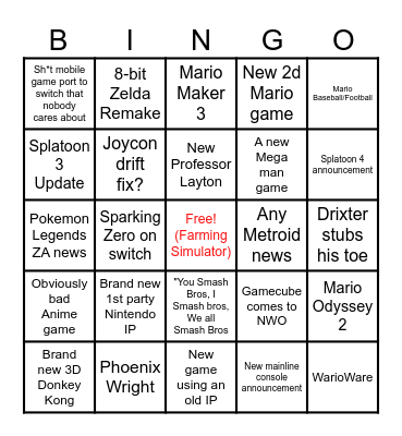 Starlaxi's Nintendo Direct Prediction List Bingo Card