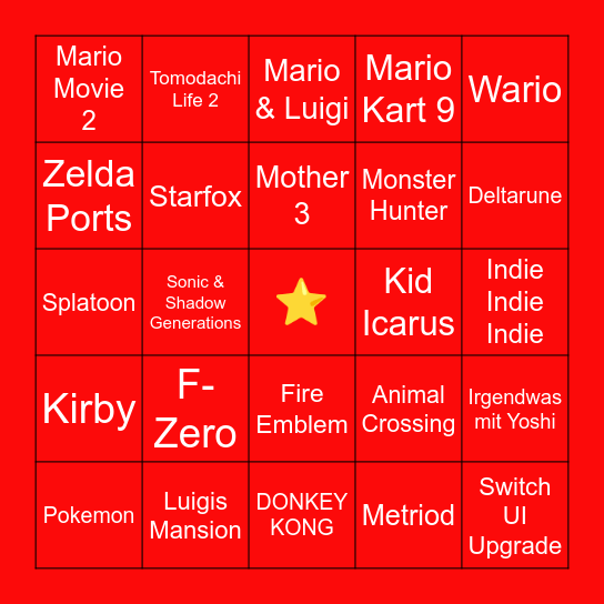 Nintendo Direct Bingo Card