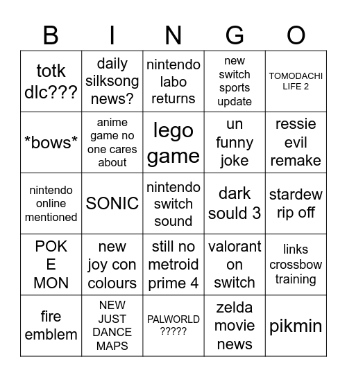 Nintendo Direct Bingo Card