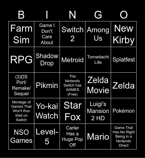 Nintendo Direct 6.18.2024 Bingo Card