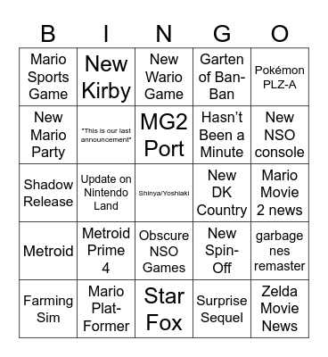 June 2024 Nintendo Direct Bingo Card