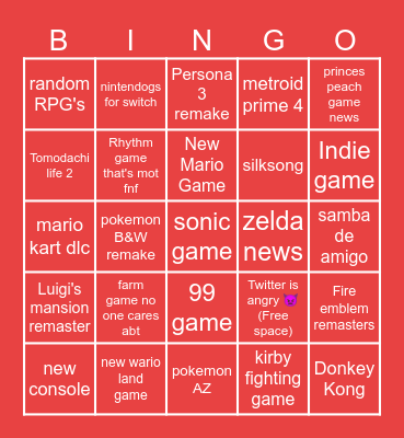 Nintendo Direct Bingo Card