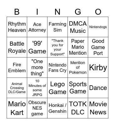 Nintendo Direct Bingo Card