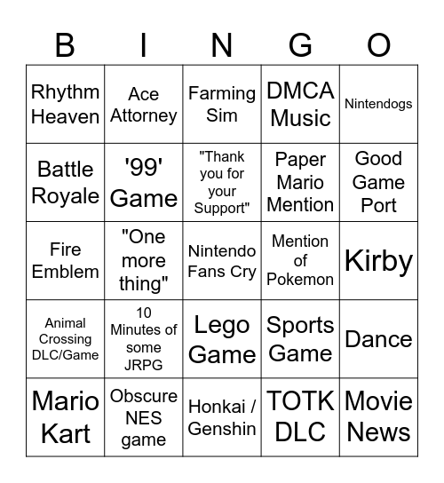 Nintendo Direct Bingo Card