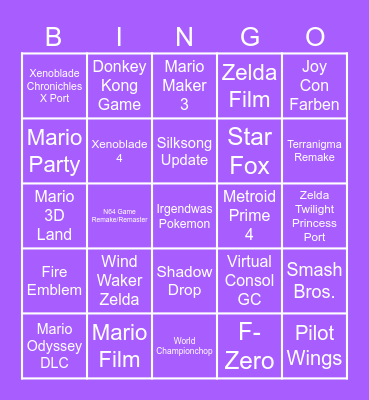 Nintendo Direct Bingo Card