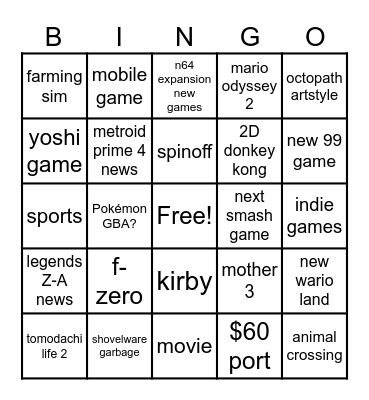 Nintendo direct bingo Card