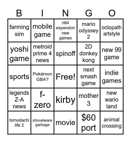 Nintendo direct bingo Card