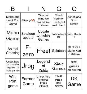 Nintendo Direct Bingo Card