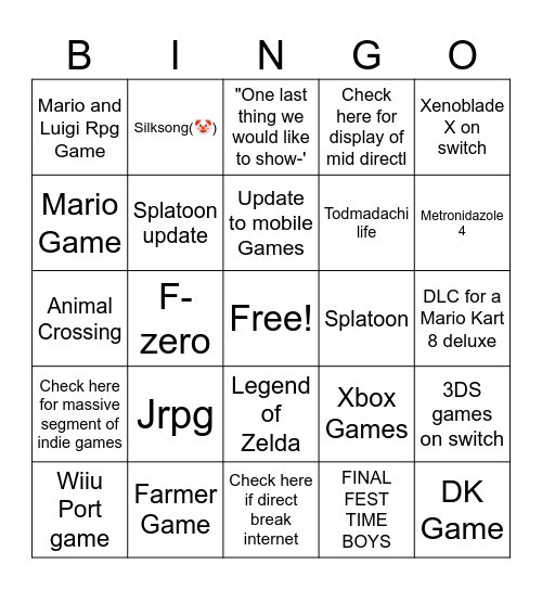 Nintendo Direct Bingo Card