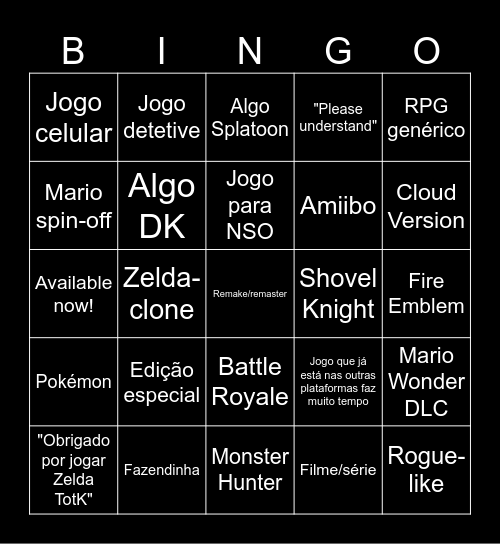 Nintendo Direct 18/jun/2024 Bingo Card