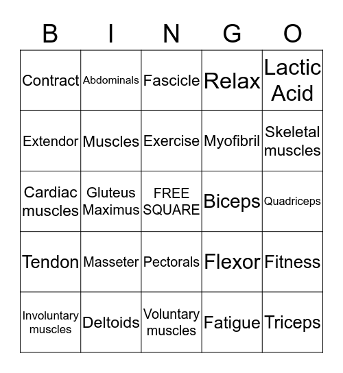 MUSCLE Bingo Card