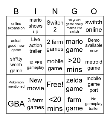 Nintendo Direct Bingo Card