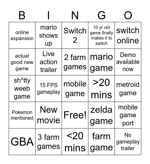 Nintendo Direct Bingo Card