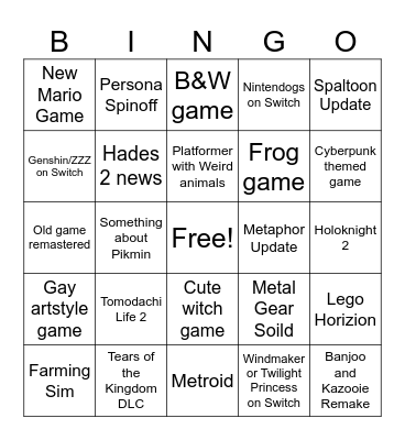 Nintendo Direct Bingo Card