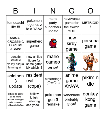 NINTENDO DIRECT BINGO YAY !!! Bingo Card