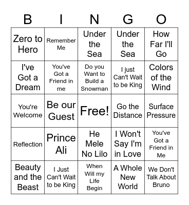 Disney Music Bingo Card