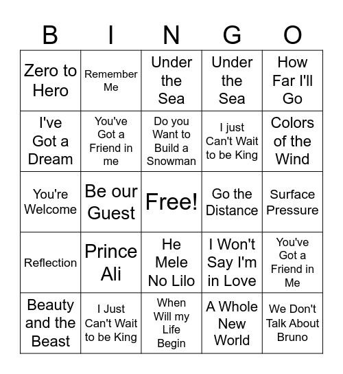 Disney Music Bingo Card