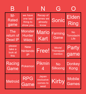 June Nintendo Direct 2024 Bingo Card