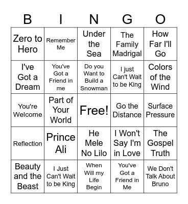 Disney Music Bingo Card