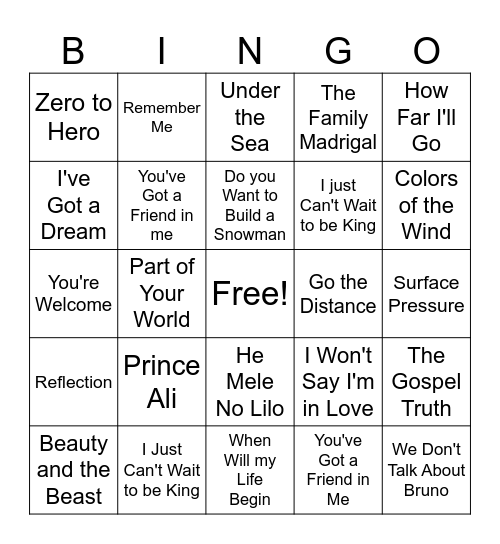 Disney Music Bingo Card