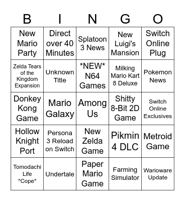 Nintendo Direct Bingo Card