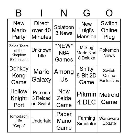 Nintendo Direct Bingo Card