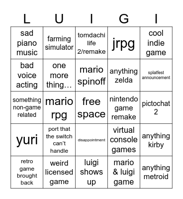 Nintendo Direct 6/18/24 Bingo Card