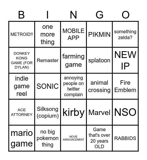 NINTENDIES DIRECTION Bingo Card