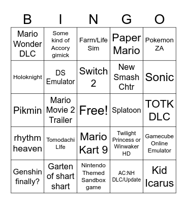 Nintendo Direct Bingo Card