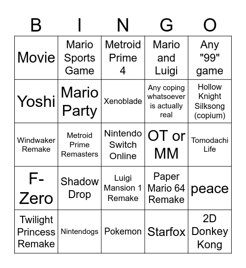 Nintendo Direct Bingo Card