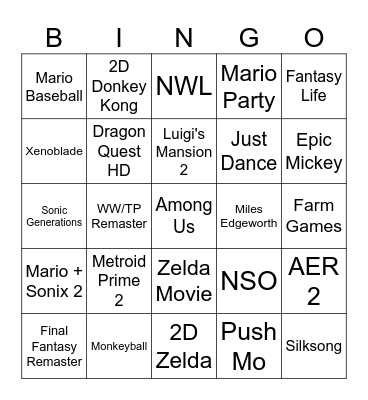 Nintendo Direct Bingo Card