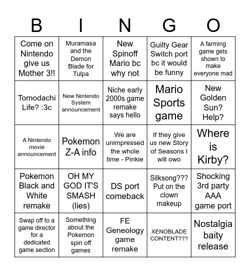 Nintendo Direct Bingo 06.18.24 Bingo Card