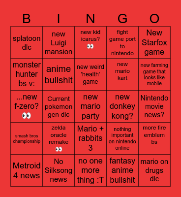 NINTENDO DIRECT Bingo Card