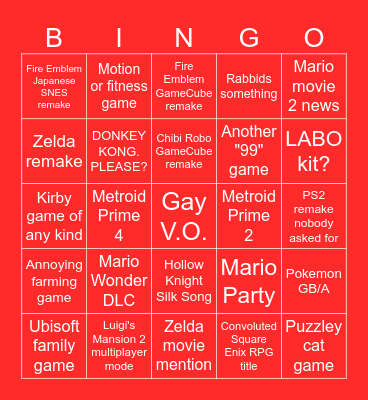 NINTENDO DIRECT Bingo Card