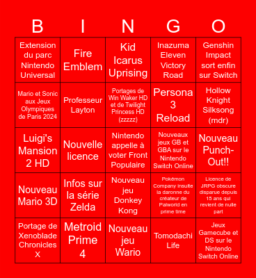 Bingo Nintendo Direct du 18 juin Bingo Card