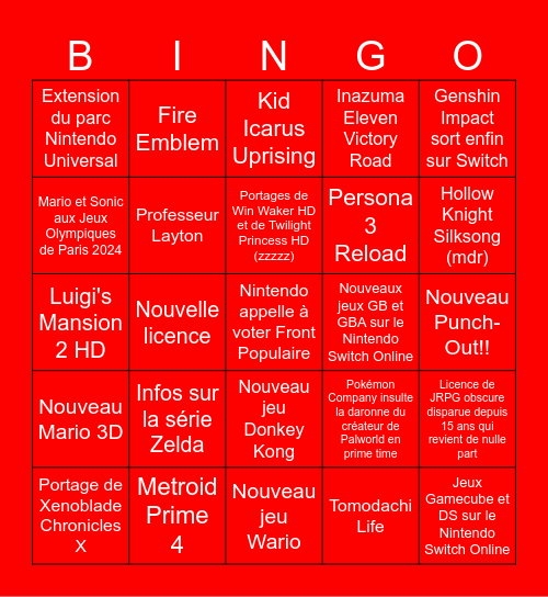 Bingo Nintendo Direct du 18 juin Bingo Card