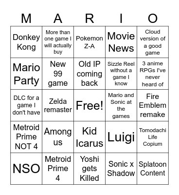 Nintendo Direct Bingo Card