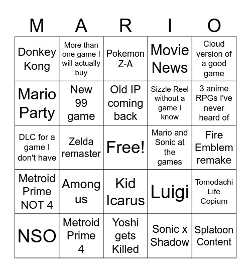 Nintendo Direct Bingo Card