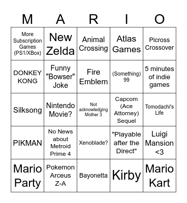 Nintendo Direct Bingo Card