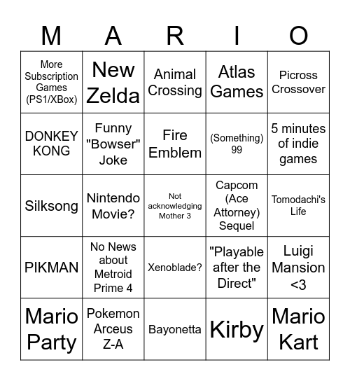 Nintendo Direct Bingo Card